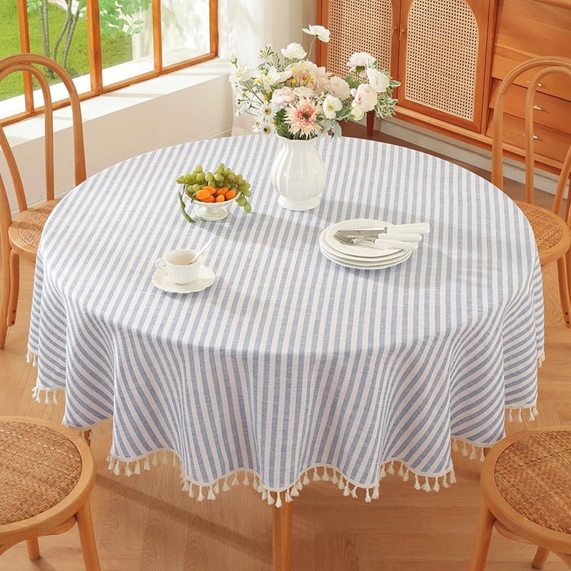 TruDelve 60 Inch Round Tablecloth Blue and White Striped Cloth Tablecloths Circle Fabric Outdoor Tablecloths for Round Tables (Blue,60",Round) - Image 1